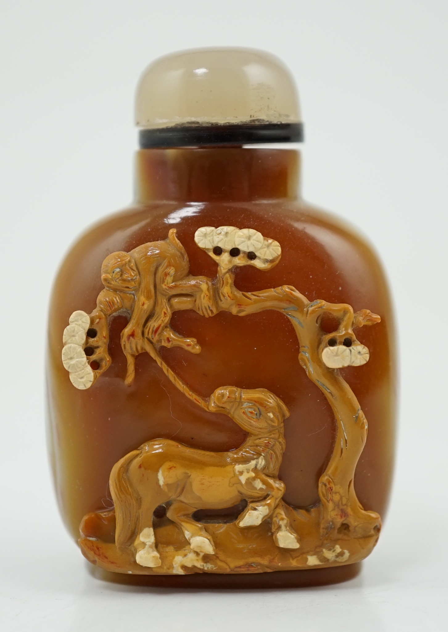A good Chinese cameo chalcedony 'horse and monkey' snuff bottle, 19th century